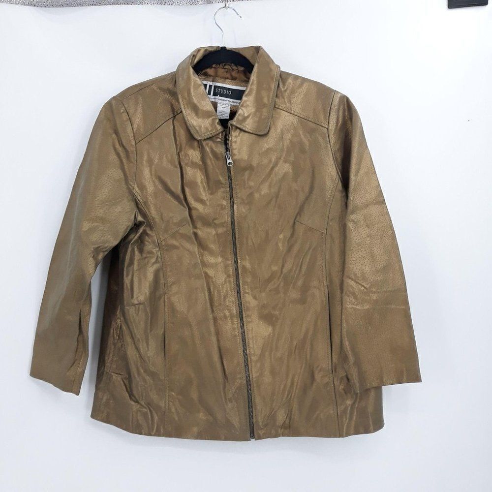 Vtg Jessica London Leather Moto‎ Jacket Metallic Gold Sz 16W
